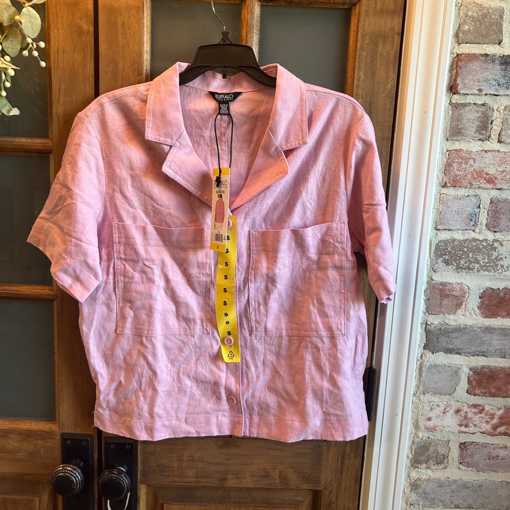 NWT Buffalo David Bitton Womens Top‎ S Pink Linen Blend Short Sleeve Utility